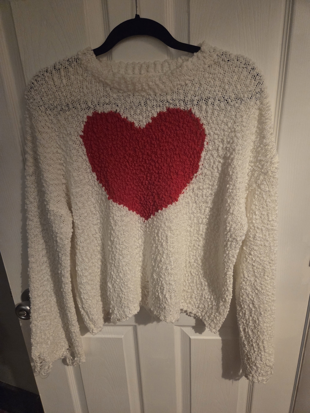 Distressed Ivory Crewneck Sweater with Red Heart Accent